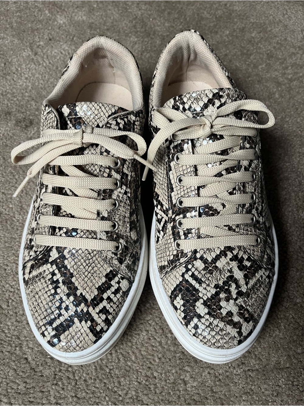 Topshop women’s Snake-Print Casual Sneakers in Beige